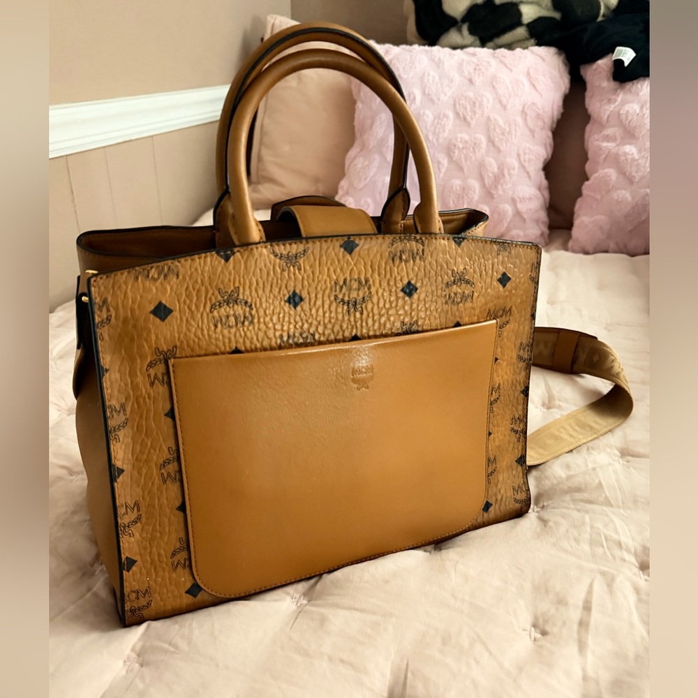 MCM Cognac/Gold Visetos Logo Satchel with Detachable Strap - Picture 2 of 6